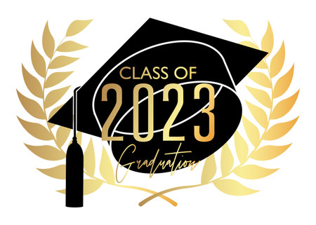 Graduation black and gold vector design. Class of 2023, golden high school or college graduate template. Text for congratulation event, party, greeting, invitation, card, web banner, yearbook.のイラスト素材