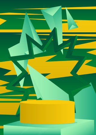 Abstract cylinder pedestal podium. Yellow, Green and Turquoise stage showcase for presentation. Mockup vector minimal geometric product display.のイラスト素材