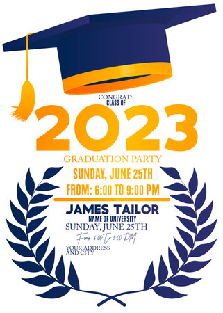Party in honor of class of 2023 Graduates. Vector design invitation card for college graduate template. Graduation event, greeting, yearbook background with icon elements.のイラスト素材