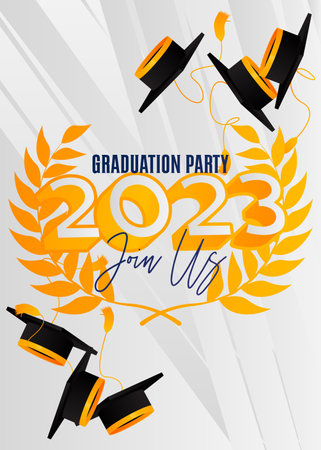 Party in honor of class of 2023 Graduates. Vector design invitation card for college graduate template. Graduation event, greeting, yearbook background with icon elements.のイラスト素材