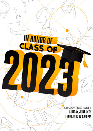 Party in honor of class of 2023 Graduates. Vector design invitation card for college graduate template. Graduation event, greeting, yearbook background with icon elements.のイラスト素材