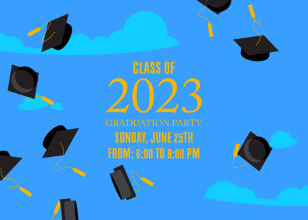 Party in honor of class of 2023 Graduates. Vector design invitation card for college graduate template. Graduation event, greeting, yearbook background with icon elements.のイラスト素材