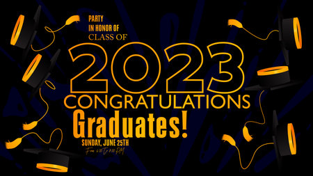 Party in honor of class of 2023 Graduates. Vector design invitation card for college graduate template. Graduation event, greeting, yearbook background with icon elements.のイラスト素材