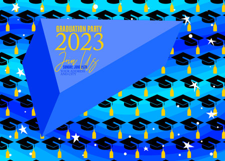 Party in honor of class of 2023 Graduates. Vector design invitation card for college graduate template. Graduation event, greeting, yearbook background with icon elements.のイラスト素材