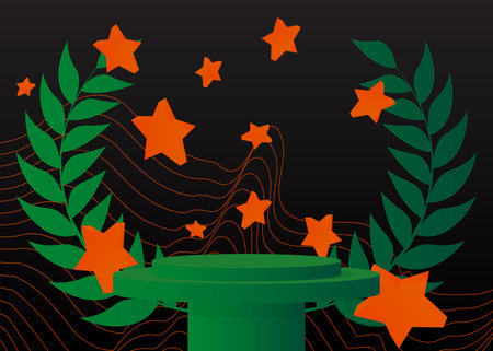 Black, green and orange mockup product display. Abstract vector 3d cylinder pedestal podium for presentation. Minimal geometric stage showcase.のイラスト素材