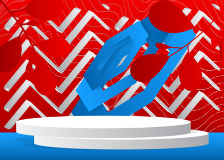 Blue, red and white mockup display. Stage showcase, cylinder pedestal podium for product presentation. Vector minimal geometric forms, empty scene.のイラスト素材