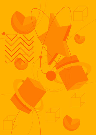 Orange geometric bright simple minimal background template. Random busy Geometrical cover design. Vintage retro graphic shapes poster, banner.のイラスト素材
