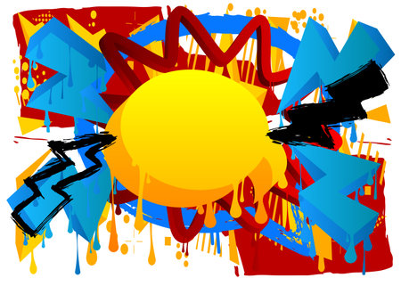 Yellow Graffiti speech bubble on colorful background. Abstract modern street art decoration backdrop performed in urban painting style.のイラスト素材