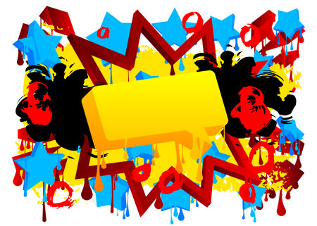 Yellow Graffiti speech bubble on colorful background. Abstract modern street art decoration backdrop performed in urban painting style.のイラスト素材