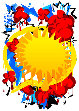 Yellow Graffiti speech bubble on colorful background. Abstract modern street art decoration backdrop performed in urban painting style.のイラスト素材