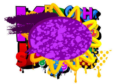Purple Speech Bubble Graffiti Background. Colorful Urban painting style backdrop. Abstract discussion symbol in modern dirty street art decoration.のイラスト素材