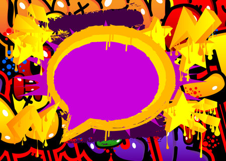 Purple Speech Bubble Graffiti Background. Colorful Urban painting style backdrop. Abstract discussion symbol in modern dirty street art decoration.のイラスト素材