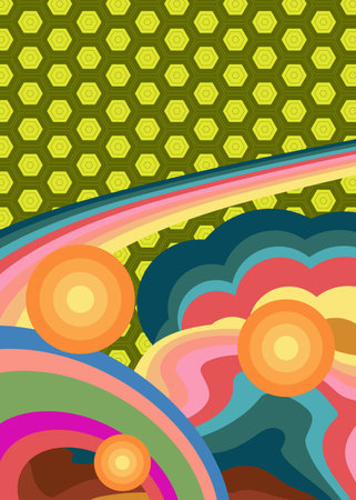 Retro 70s Background. Groovy abstract 1970s art template. Minimalistic Vintage striped design poster. Old-fashioned rainbow color artwork.のイラスト素材