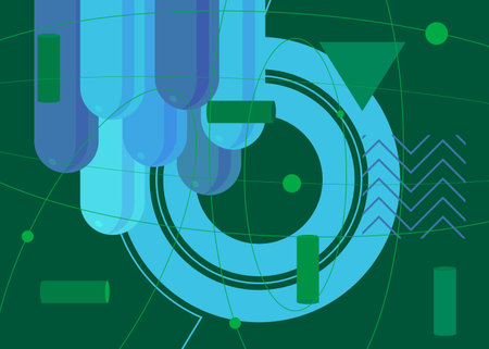 Blue and green geometrical graphic minimal retro theme backdrop. Vintage abstract geometric elements, shapes template for poster, cover, background, banner design.のイラスト素材
