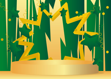 Green, Yellow and gold abstract mockup product display. Stage showcase, cylinder pedestal podium for presentation. 3D minimal geometric forms.のイラスト素材