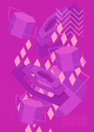 Geometrical pink graphic minimal background. Retro geometric dark theme poster banner. Vintage random shapes template for cover design.のイラスト素材