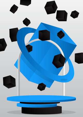 Abstract Blue, Black and White cylinder pedestal podium. Mockup Stage showcase. Product display for presentation. Vector scene with minimal geometric forms.のイラスト素材