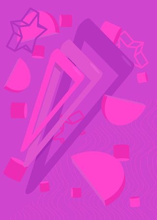 Geometrical pink graphic minimal background. Retro geometric dark theme poster banner. Vintage random shapes template for cover design.のイラスト素材