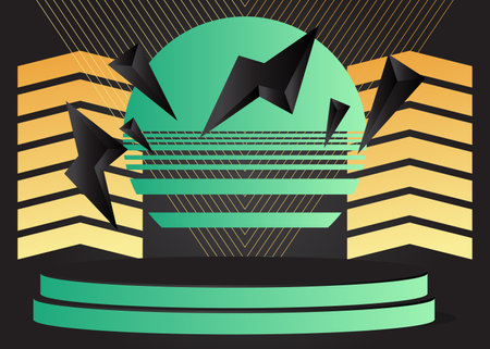 Abstract black, turquoise and gold mockup product display. Minimal geometric forms stage showcase. Vector cylinder pedestal podium for presentation.のイラスト素材