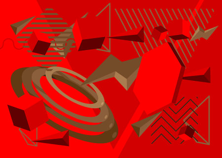 Brown and red vintage geometric theme poster banner. Retro abstract shapes template for cover design. Colored geometrical graphic minimal background.のイラスト素材