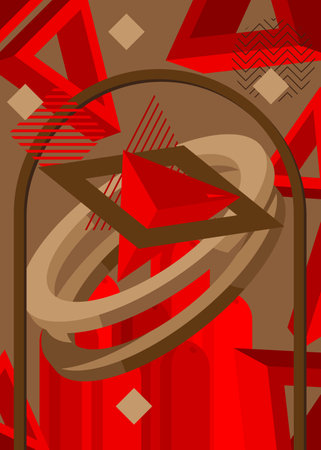 Brown and red vintage geometric theme poster banner. Retro abstract shapes template for cover design. Colored geometrical graphic minimal background.のイラスト素材
