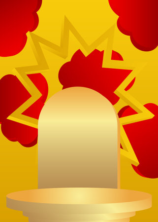 Gold, red and yellow stage showcase for presentation. Vector mockup product display. Abstract cylinder pedestal podium, minimal geometric forms.のイラスト素材