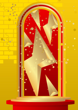 Gold, red and yellow stage showcase for presentation. Vector mockup product display. Abstract cylinder pedestal podium, minimal geometric forms.のイラスト素材