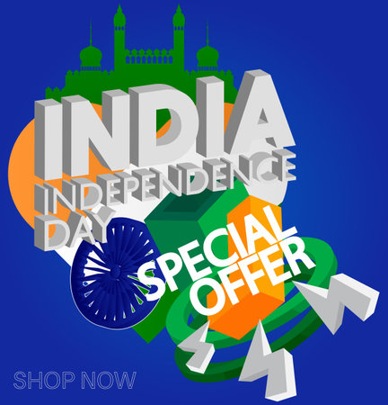 Indian Independence Day Sale poster with flag tricolor, green, orange and white. Patriotism template, Happy India Freedom celebration with special offer.のイラスト素材