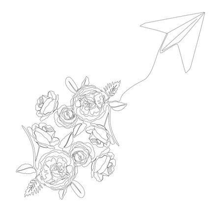 One continuous line of Paper Airplane with rose flowers. Thin Line Illustration vector concept. Contour Drawing Creative ideas.のイラスト素材