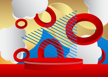 White, Blue, Red and Gold Mockup cylinder pedestal podium, product display. Vector 3D minimal geometric stage showcase for presentation.のイラスト素材