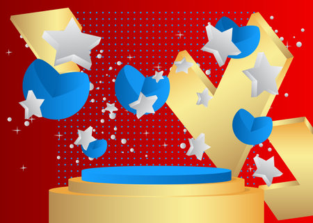 White, Blue, Red and Gold Mockup cylinder pedestal podium, product display. Vector 3D minimal geometric stage showcase for presentation.のイラスト素材