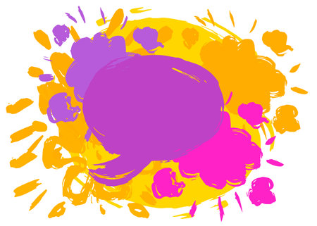 Yellow and purple Speech Bubble Graffiti isolated on white Background. Abstract message symbol, painted with brush. Urban painting style discussion backdrop, in modern dirty street art decoration.のイラスト素材