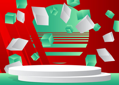 Abstract white, red and turquoise stage showcase. Vector mockup product display for presentation. Minimal geometric 3D cylinder pedestal podium.のイラスト素材
