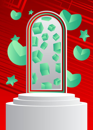Abstract white, red and turquoise stage showcase. Vector mockup product display for presentation. Minimal geometric 3D cylinder pedestal podium.のイラスト素材