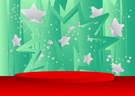 Abstract white, red and turquoise stage showcase. Vector mockup product display for presentation. Minimal geometric 3D cylinder pedestal podium.のイラスト素材