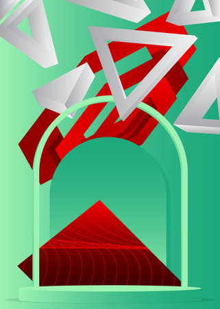 Abstract white, red and turquoise stage showcase. Vector mockup product display for presentation. Minimal geometric 3D cylinder pedestal podium.のイラスト素材