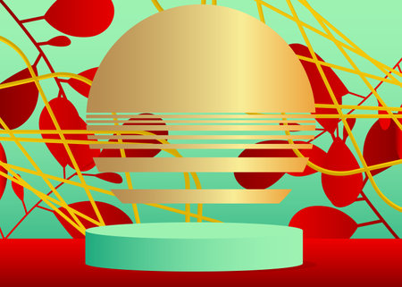 Abstract Turquoise, Gold, Red and Yellow Mockup product display. Vector cylinder pedestal podium. Minimal geometric stage showcase for presentation.のイラスト素材