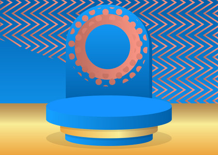 Abstract light red, gold and blue mockup product display. Vector cylinder pedestal podium for presentation. Minimal geometric stage showcase.のイラスト素材