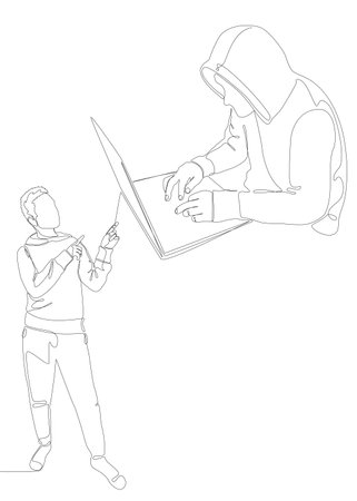 One continuous line of Man pointing with finger at Hacker, Men using Laptop. Thin Line Illustration vector concept. Contour Drawing Creative ideas.のイラスト素材