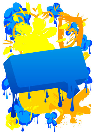 Blue and Yellow Graffiti speech bubble. Abstract Messaging sign street art decoration, Discussion icon performed in urban painting style isolated on white.のイラスト素材