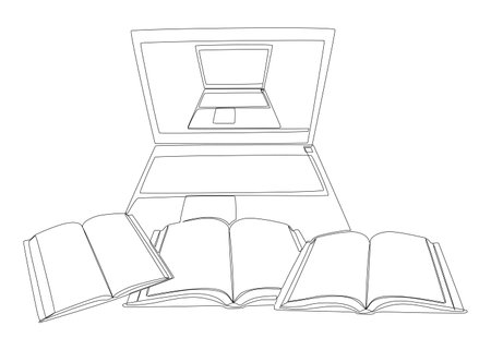One continuous line of Laptop with books. Thin Line Electronic Education Illustration vector concept. Contour Drawing Creative ideas.のイラスト素材