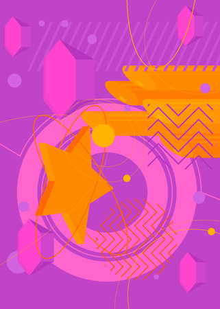 Orange and purple geometrical graphic retro theme background illustration. Vector minimal geometric elements poster design. Vintage shapes template for backdrop.のイラスト素材