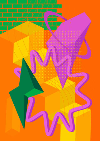 Green, orange, yellow and purple geometrical graphic retro theme cover. Minimal geometric elements...