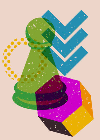 Colorful geometric shapes with pawn, chess piece. Object in trendy riso graph design. Geometry elements abstract risograph print texture style.のイラスト素材