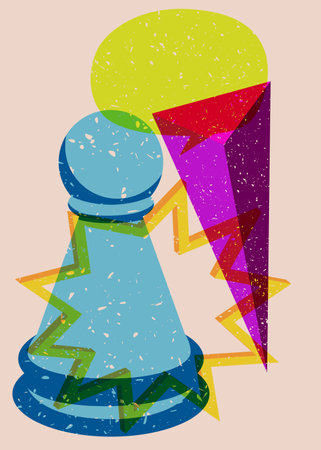 Colorful geometric shapes with pawn, chess piece and speech bubble. Object in trendy riso graph design. Geometry elements abstract risograph print texture style.のイラスト素材