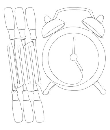One continuous line of alarm clock with Screwdriver. Thin Line Illustration vector concept. Contour Drawing Creative ideas.のイラスト素材