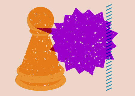 Colorful geometric shapes with pawn, chess piece and speech bubble. Object in trendy riso graph design. Geometry elements abstract risograph print texture style.のイラスト素材