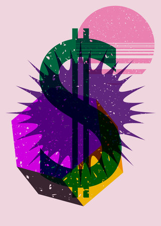 Dollar Sign with Colorful geometric shapes. Business in trendy riso graph design. Geometry elements with Currency Symbol, abstract risograph print texture style.のイラスト素材