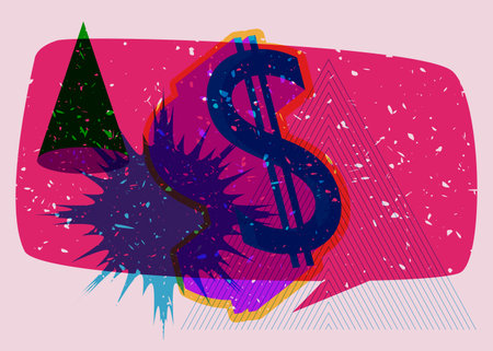 Colorful dollar sign with speech bubble and geometric shapes. Business sign in trendy riso graph design. Geometry elements abstract risograph print texture style.のイラスト素材