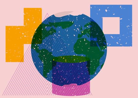 Planet Earth with colorful geometric shapes. Object in trendy riso graph design. Geometry elements abstract risograph print texture style.のイラスト素材